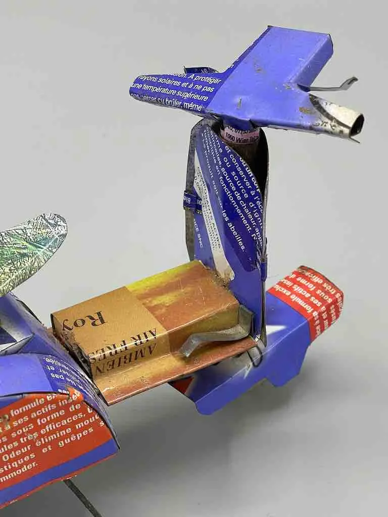 African Recycled Labeled Metal Can Toy Vespa - Burkina Faso