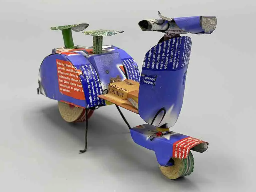 African Recycled Labeled Metal Can Toy Vespa - Burkina Faso