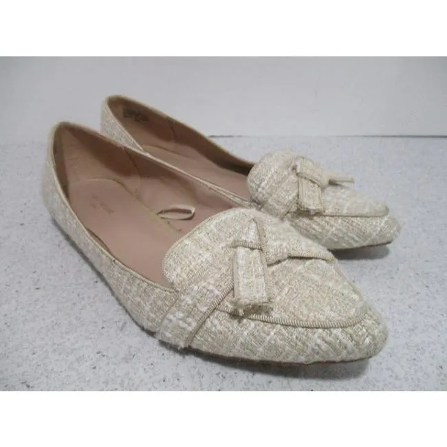 Ann Taylor Beige Tan Tweed Cream Tane Fabric Pointed Toe Slip On Flats Size Us