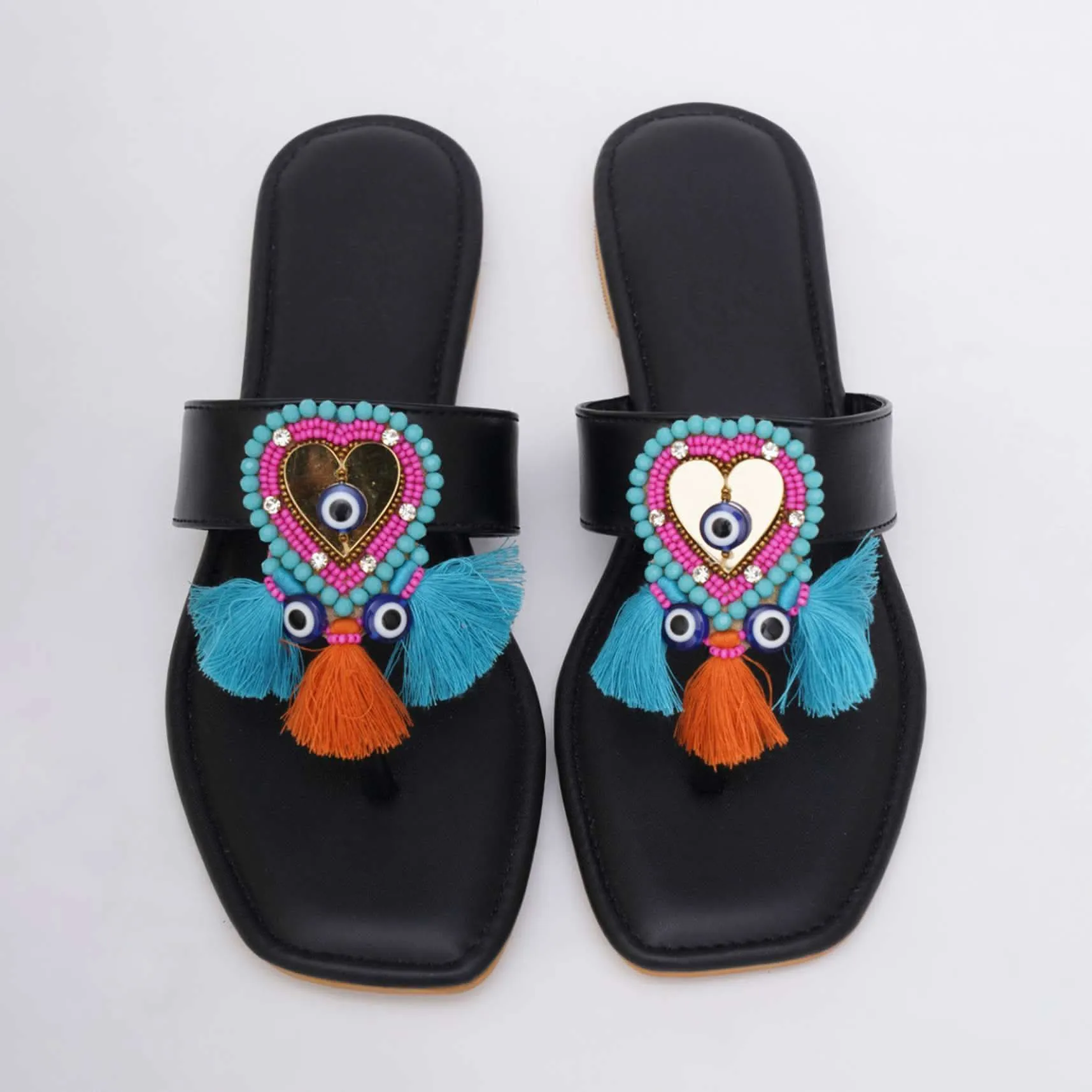 Black Embroidered Boho Heart Flats In Soft Faux Leather