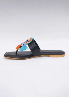 Black Embroidered Boho Heart Flats In Soft Faux Leather