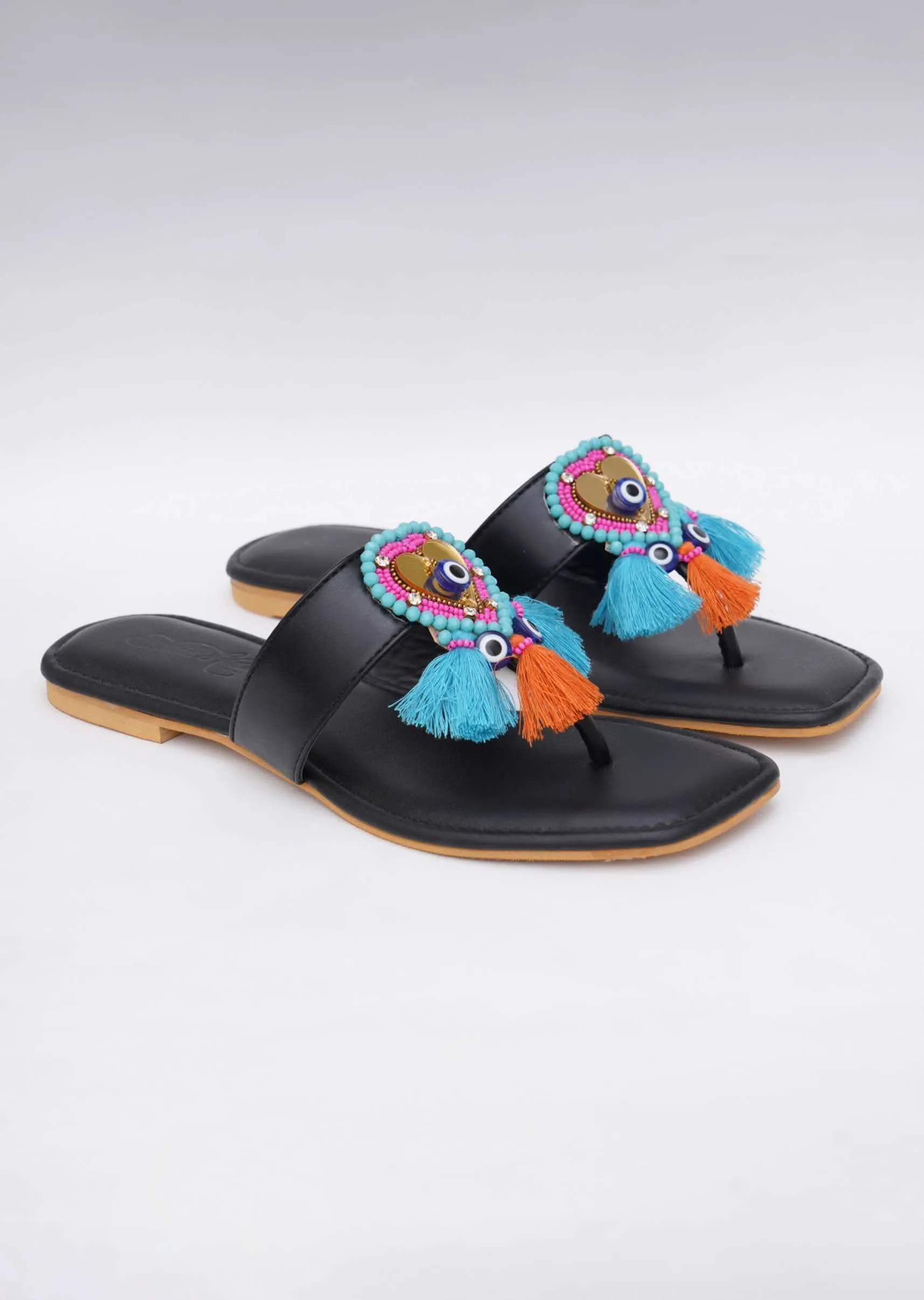 Black Embroidered Boho Heart Flats In Soft Faux Leather