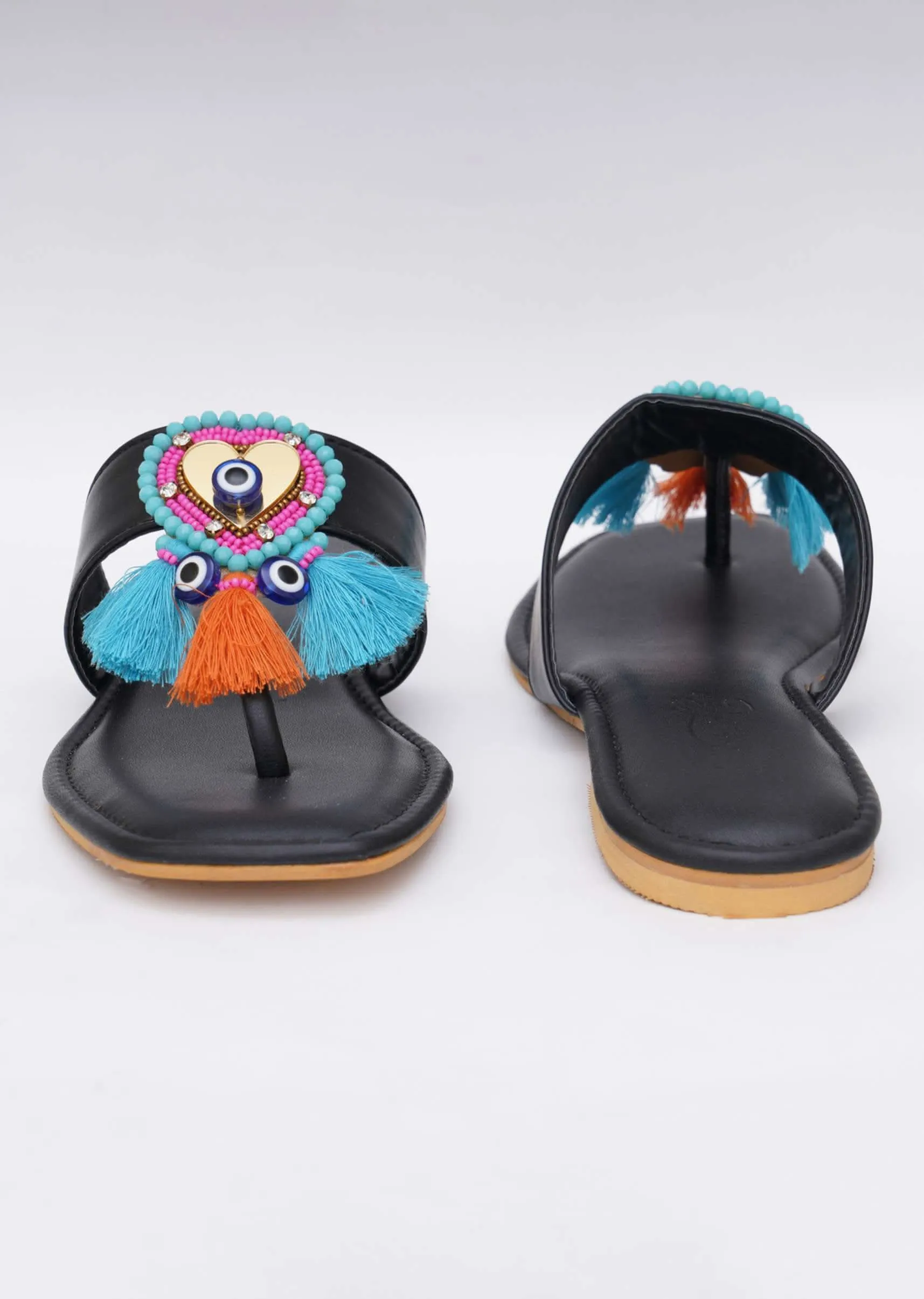 Black Embroidered Boho Heart Flats In Soft Faux Leather