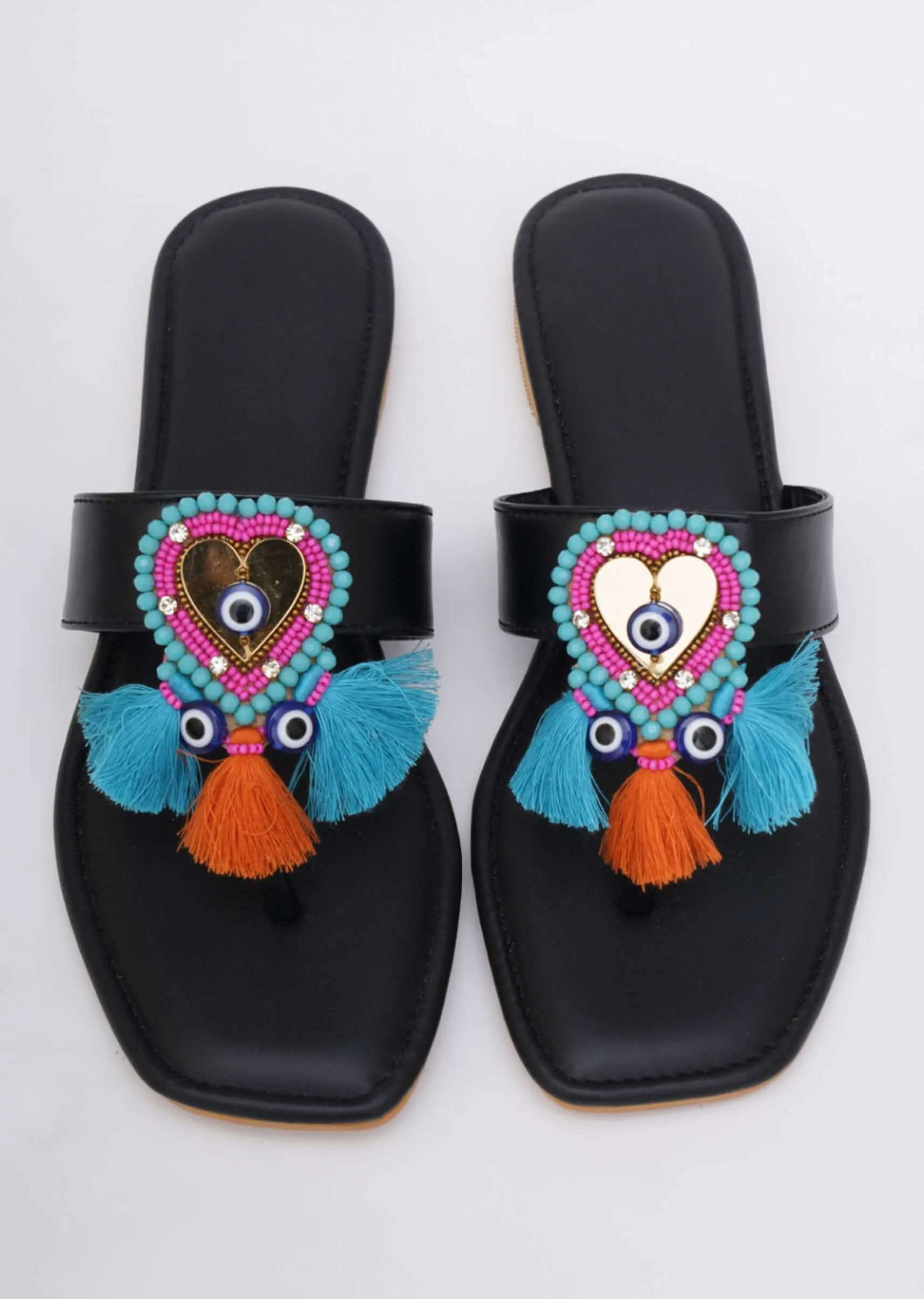 Black Embroidered Boho Heart Flats In Soft Faux Leather