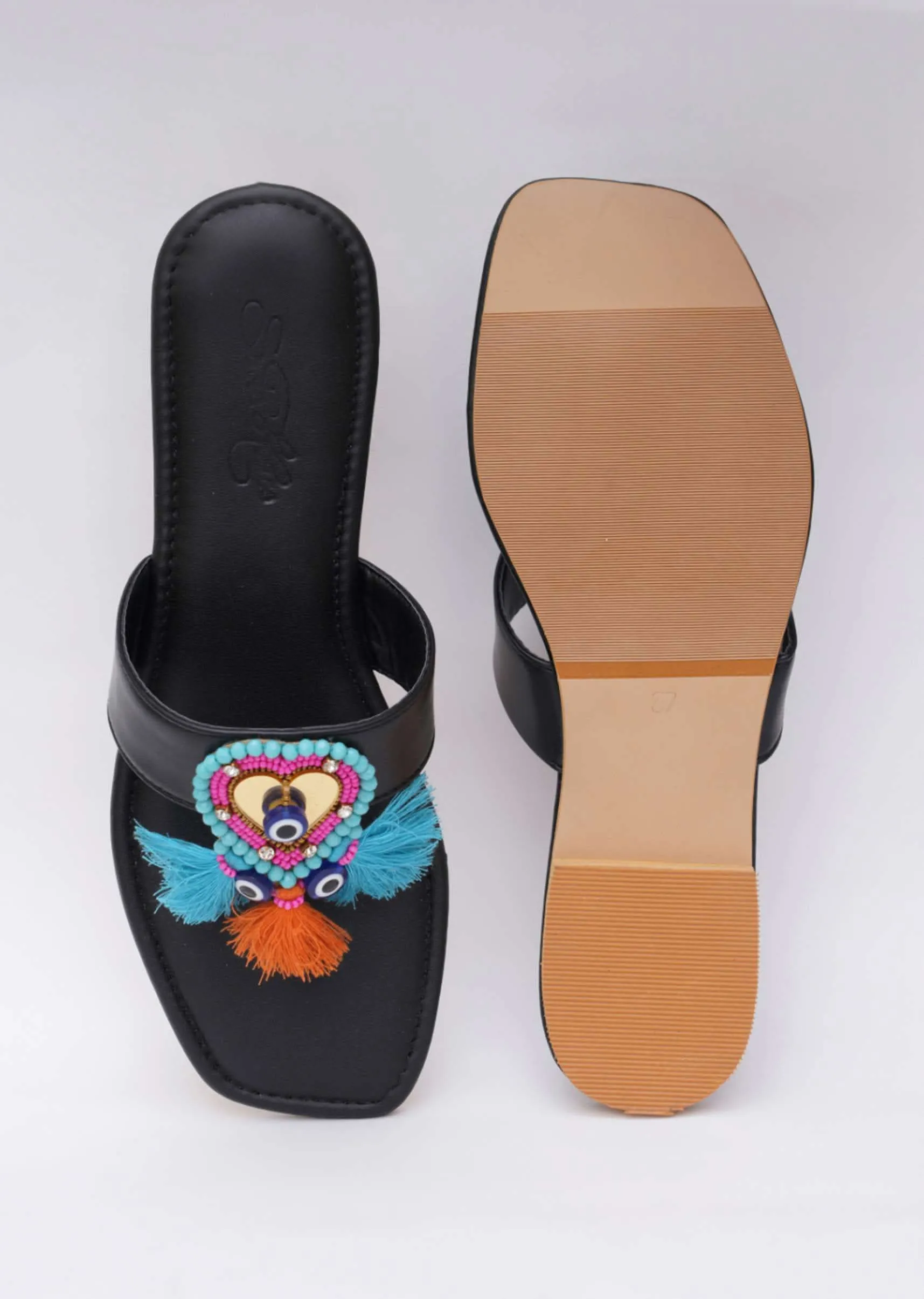 Black Embroidered Boho Heart Flats In Soft Faux Leather