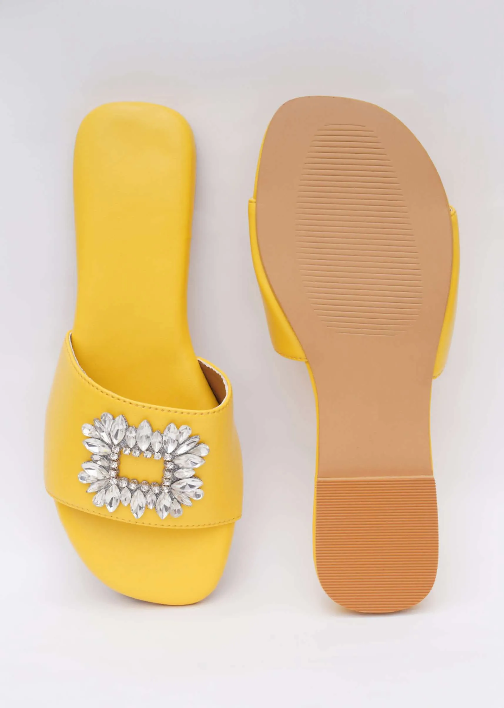 Canary Yellow Festive Brooch Flats In Soft Faux Leather