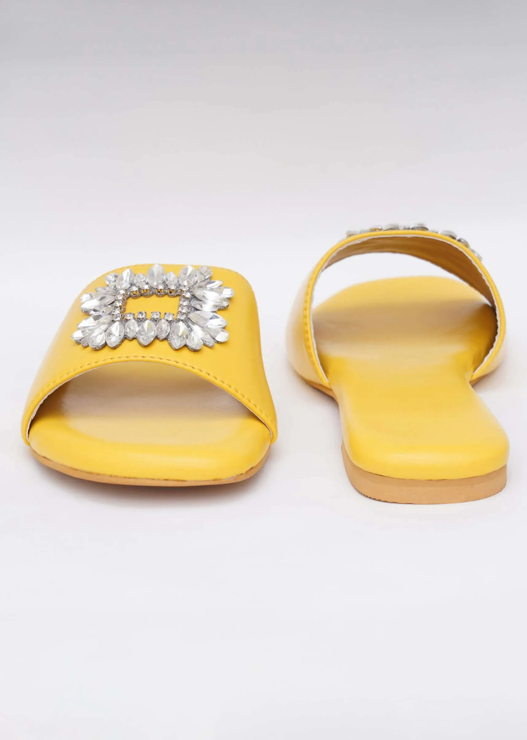 Canary Yellow Festive Brooch Flats In Soft Faux Leather