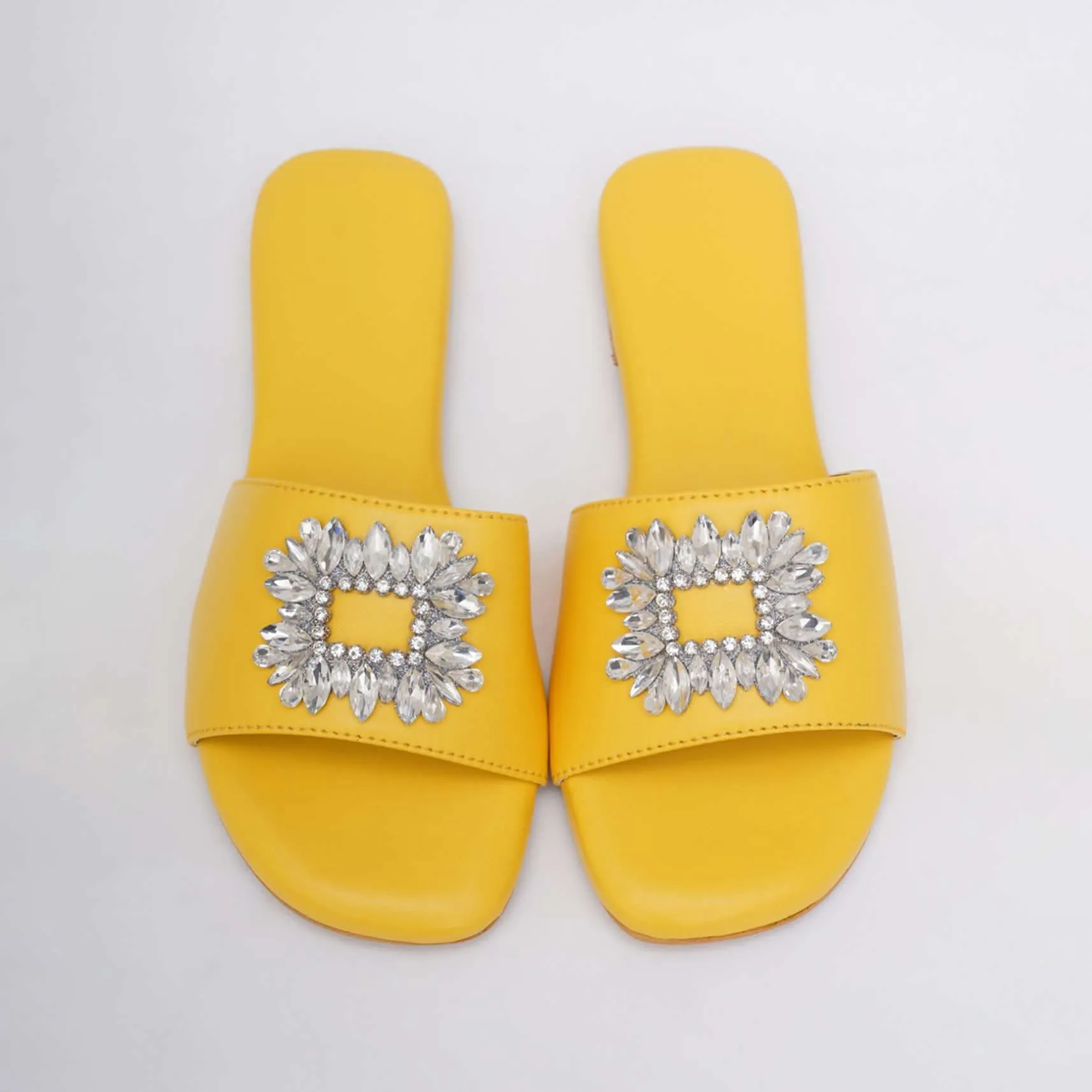 Canary Yellow Festive Brooch Flats In Soft Faux Leather