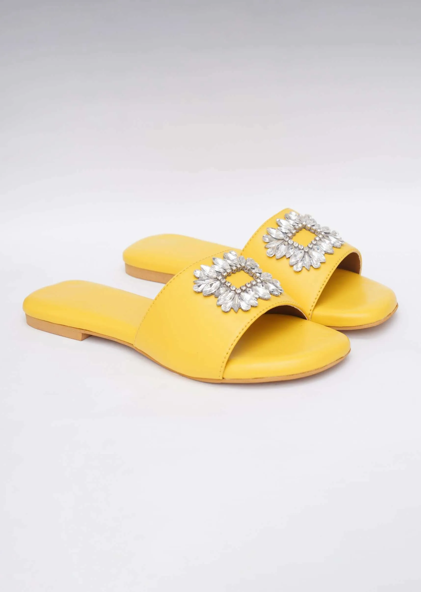 Canary Yellow Festive Brooch Flats In Soft Faux Leather