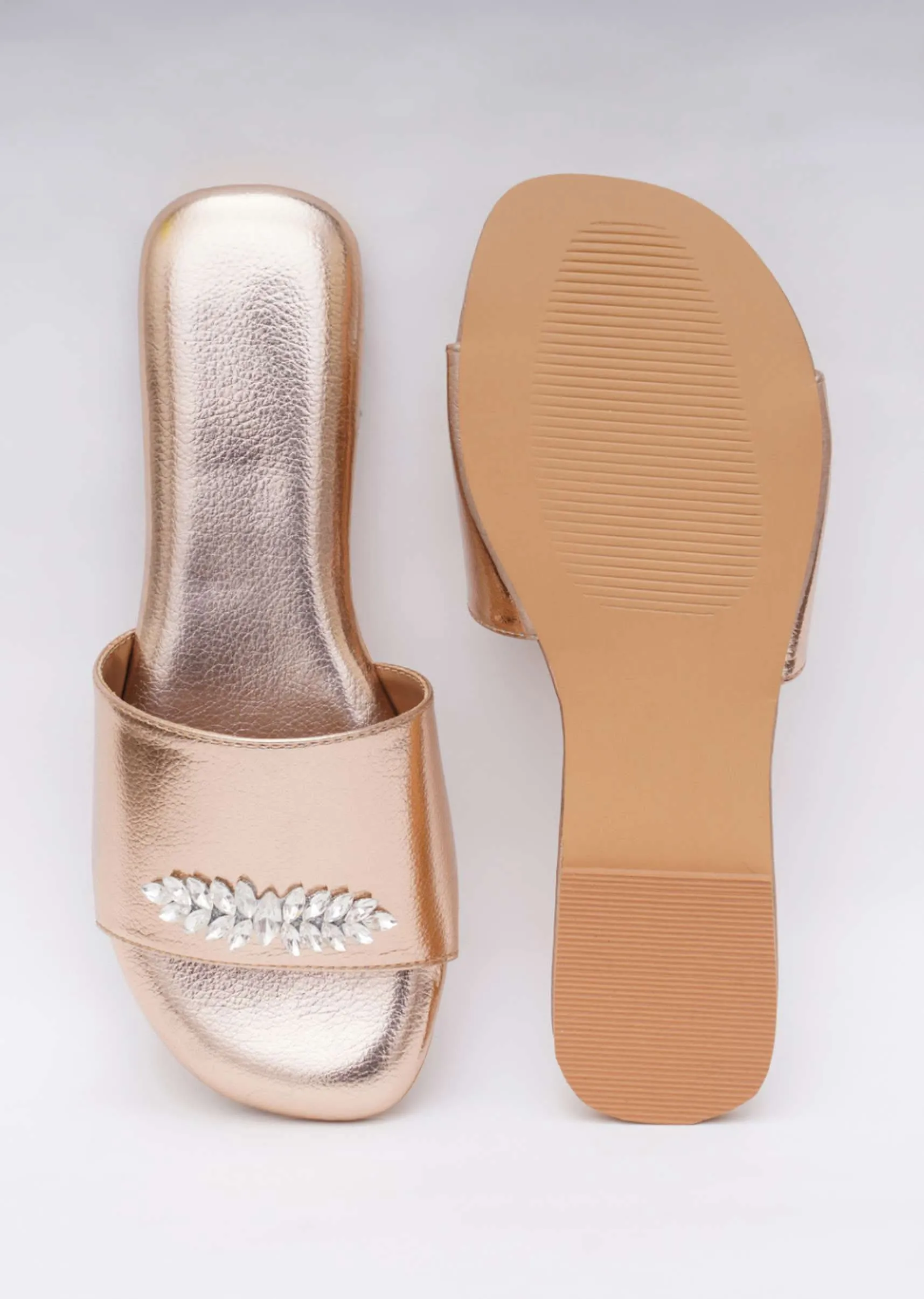 Gold Toned Festive Embroidered Flats In Soft Faux Leather