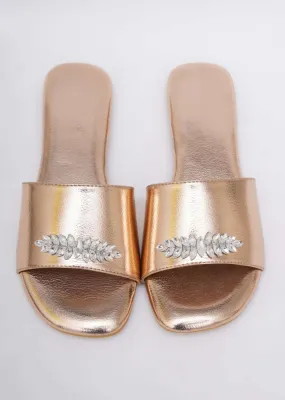 Gold Toned Festive Embroidered Flats In Soft Faux Leather