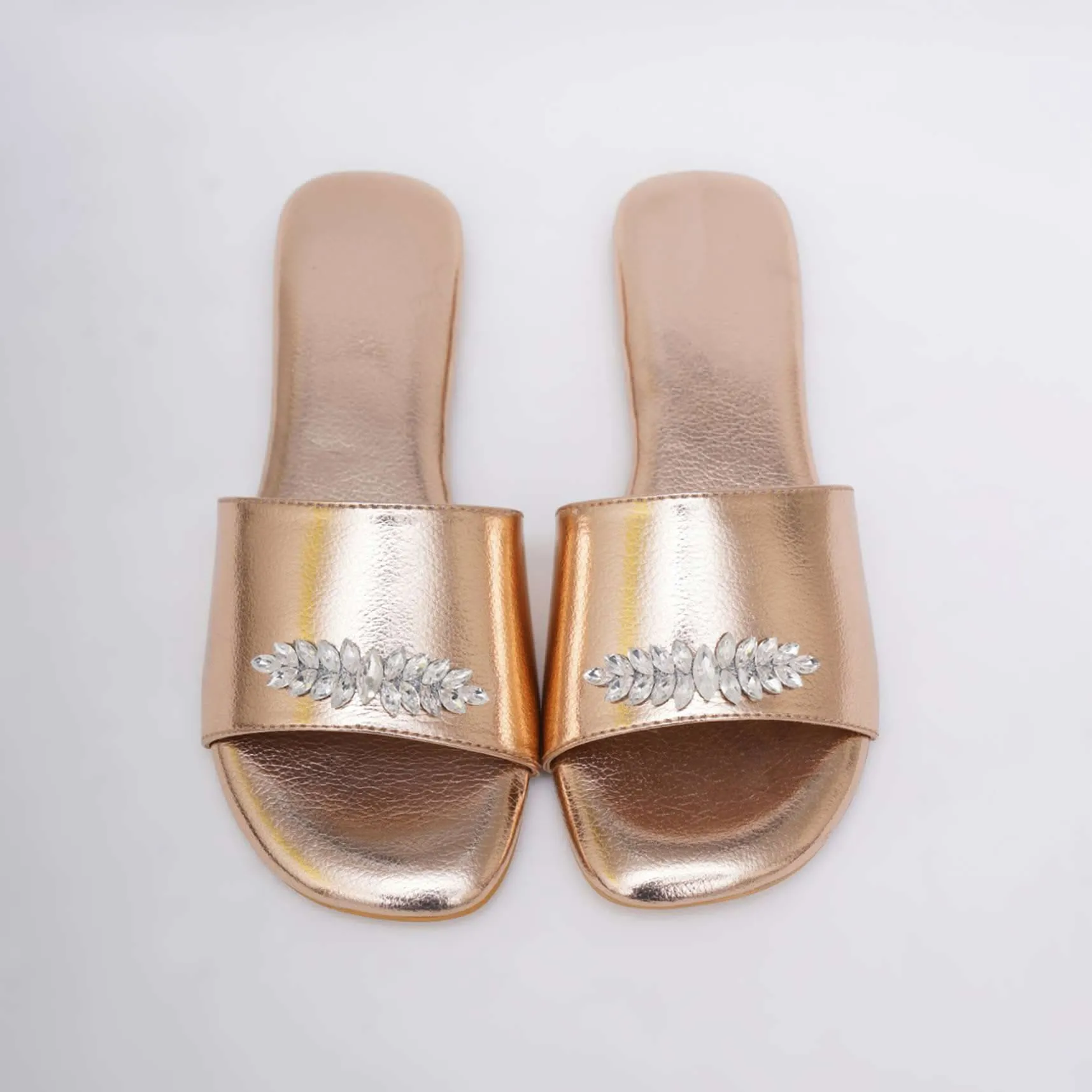 Gold Toned Festive Embroidered Flats In Soft Faux Leather