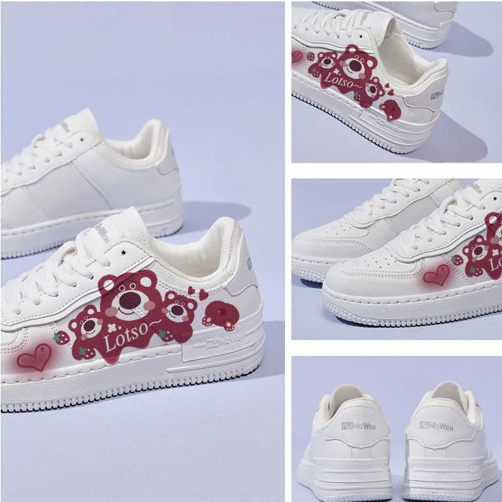 Kawaii White Cartoon Strawberry Bear Printed Sneakers