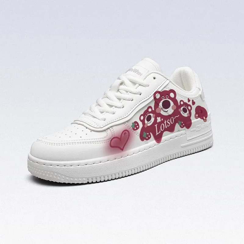 Kawaii White Cartoon Strawberry Bear Printed Sneakers