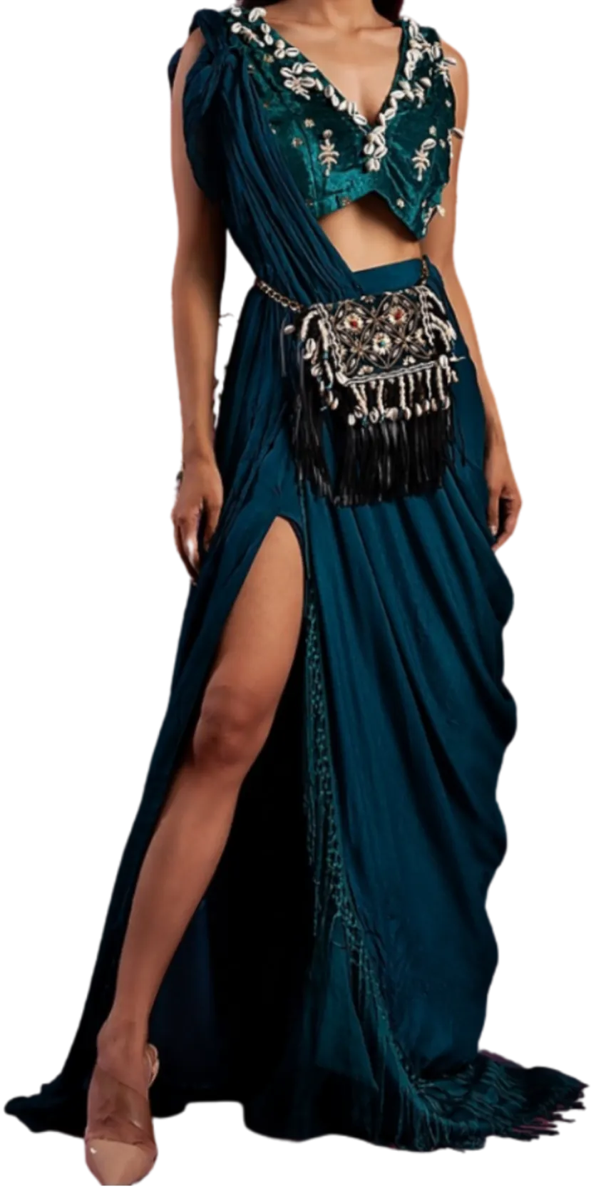 Puka Shell Pre-Draped Sari in Emerald Green & Teal Blue
