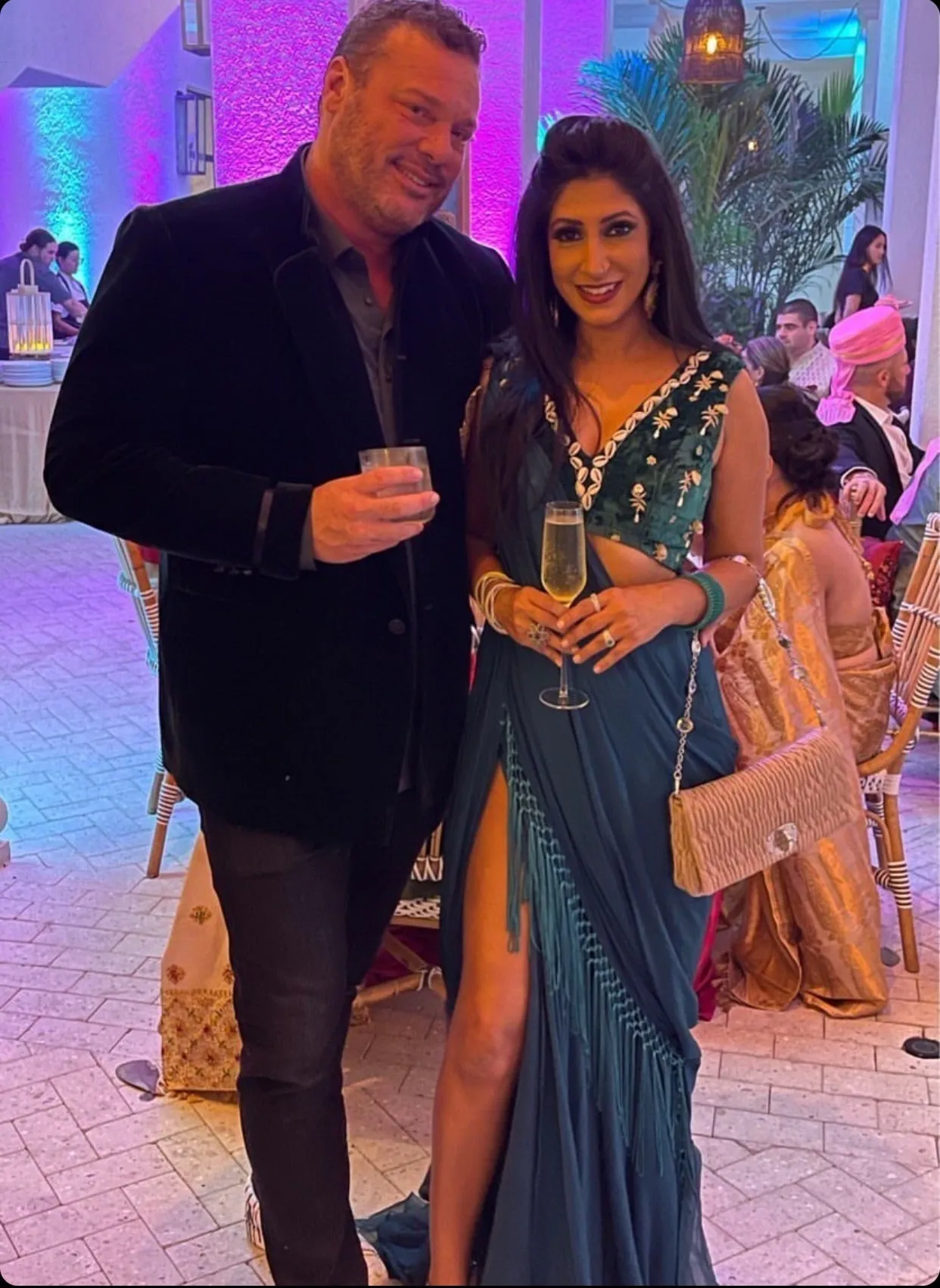 Puka Shell Pre-Draped Sari in Emerald Green & Teal Blue