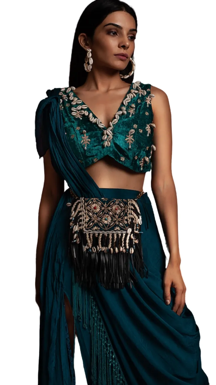Puka Shell Pre-Draped Sari in Emerald Green & Teal Blue