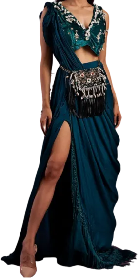 Puka Shell Pre-Draped Sari in Emerald Green & Teal Blue
