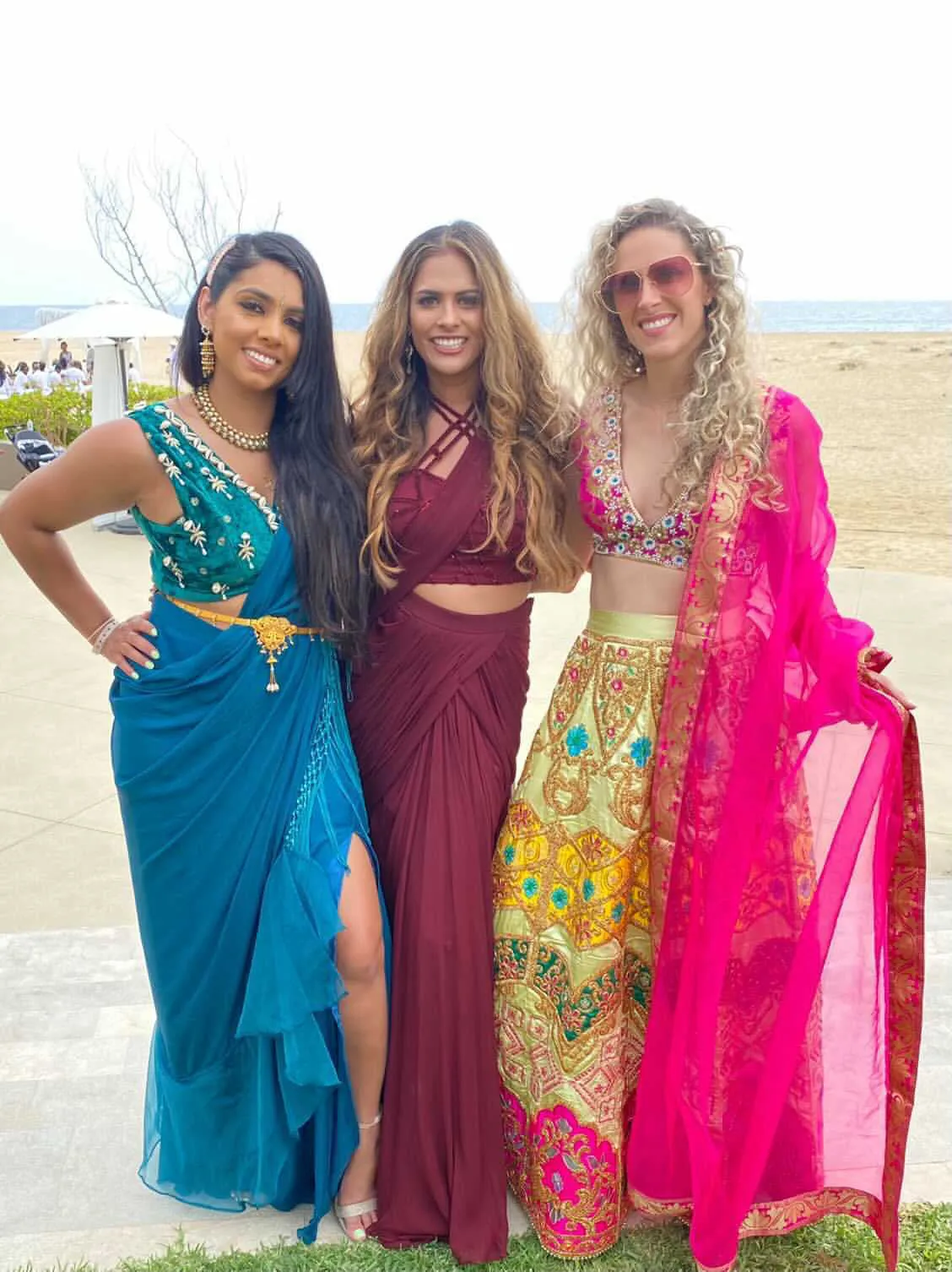Puka Shell Pre-Draped Sari in Emerald Green & Teal Blue