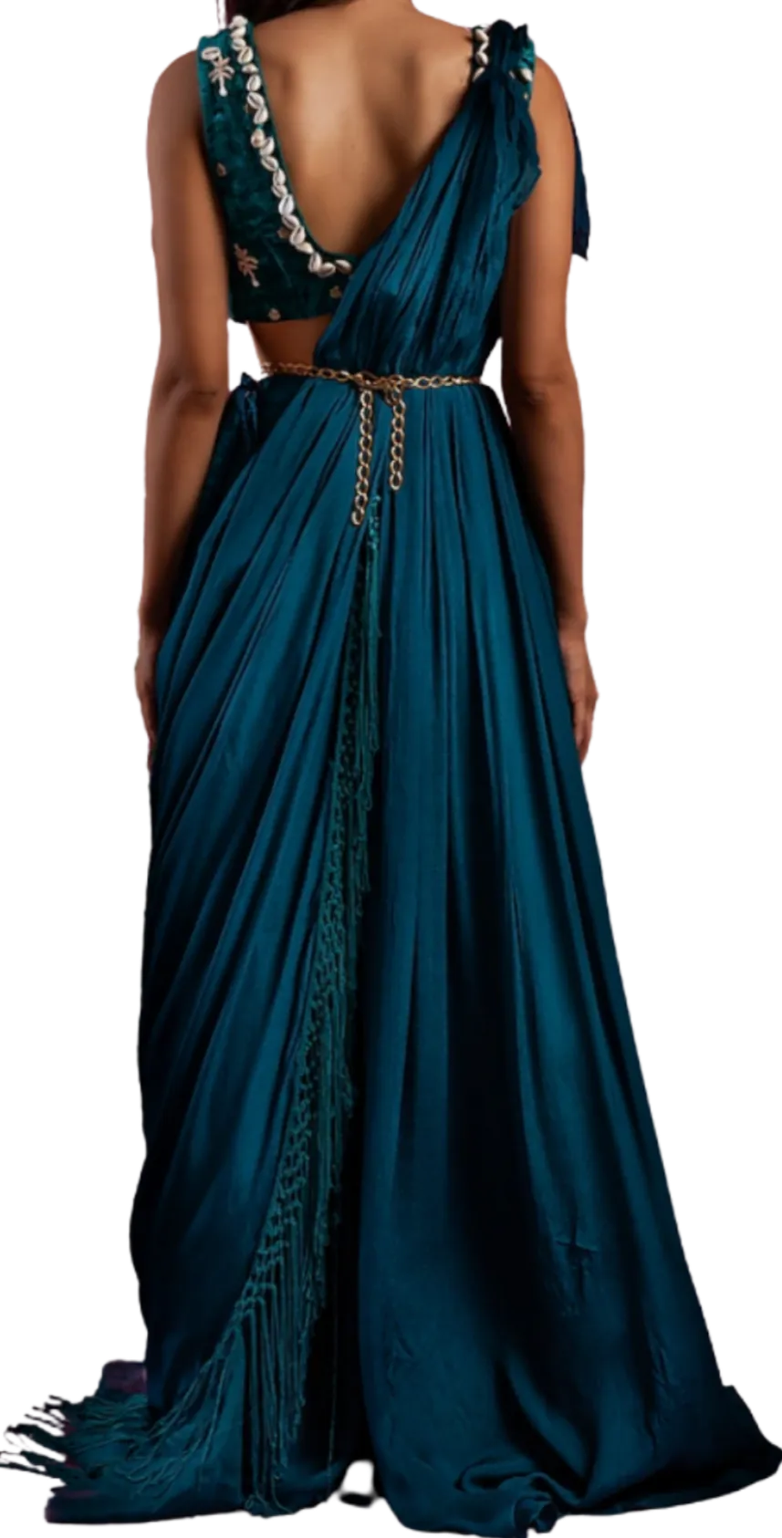 Puka Shell Pre-Draped Sari in Emerald Green & Teal Blue