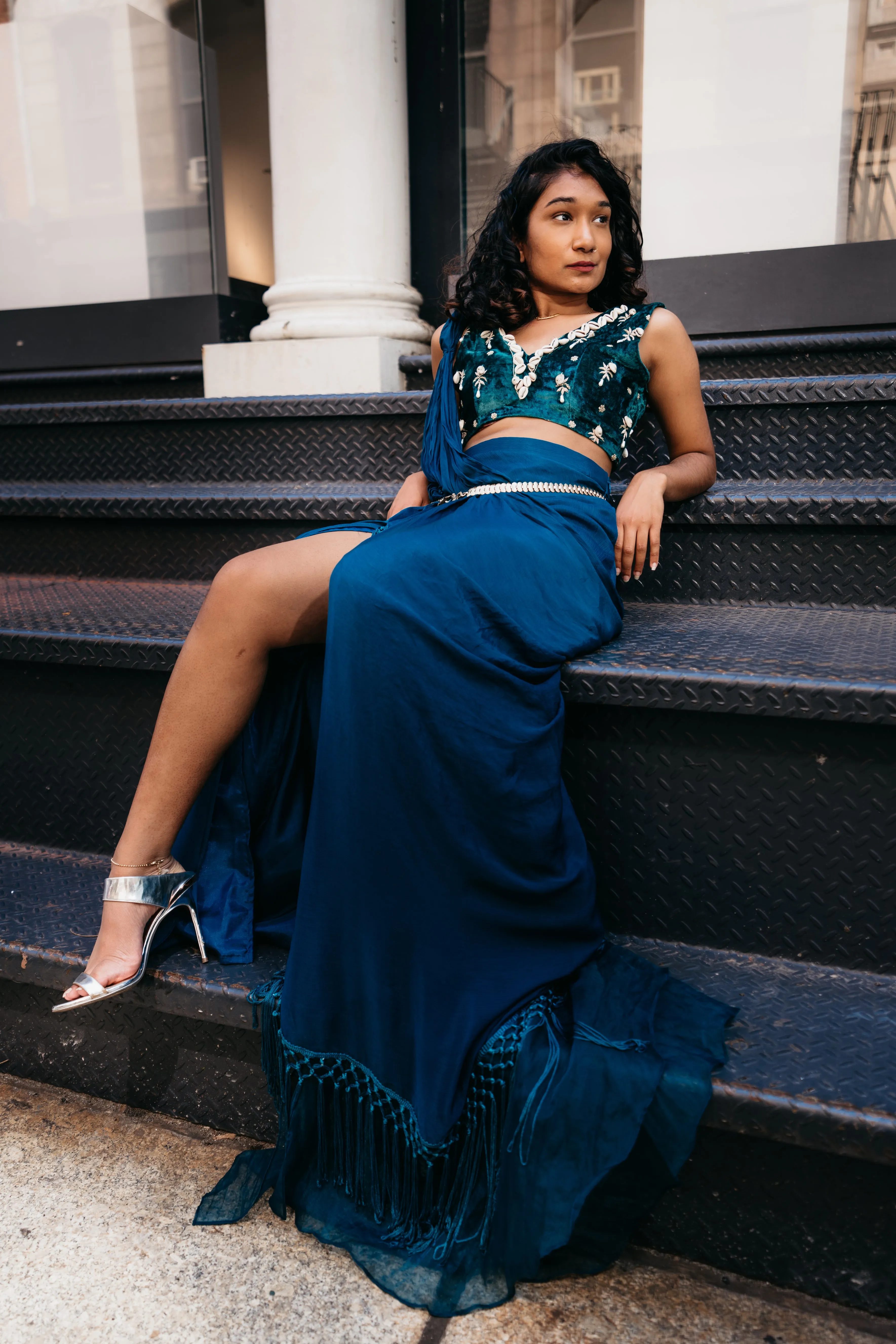 Puka Shell Pre-Draped Sari in Emerald Green & Teal Blue