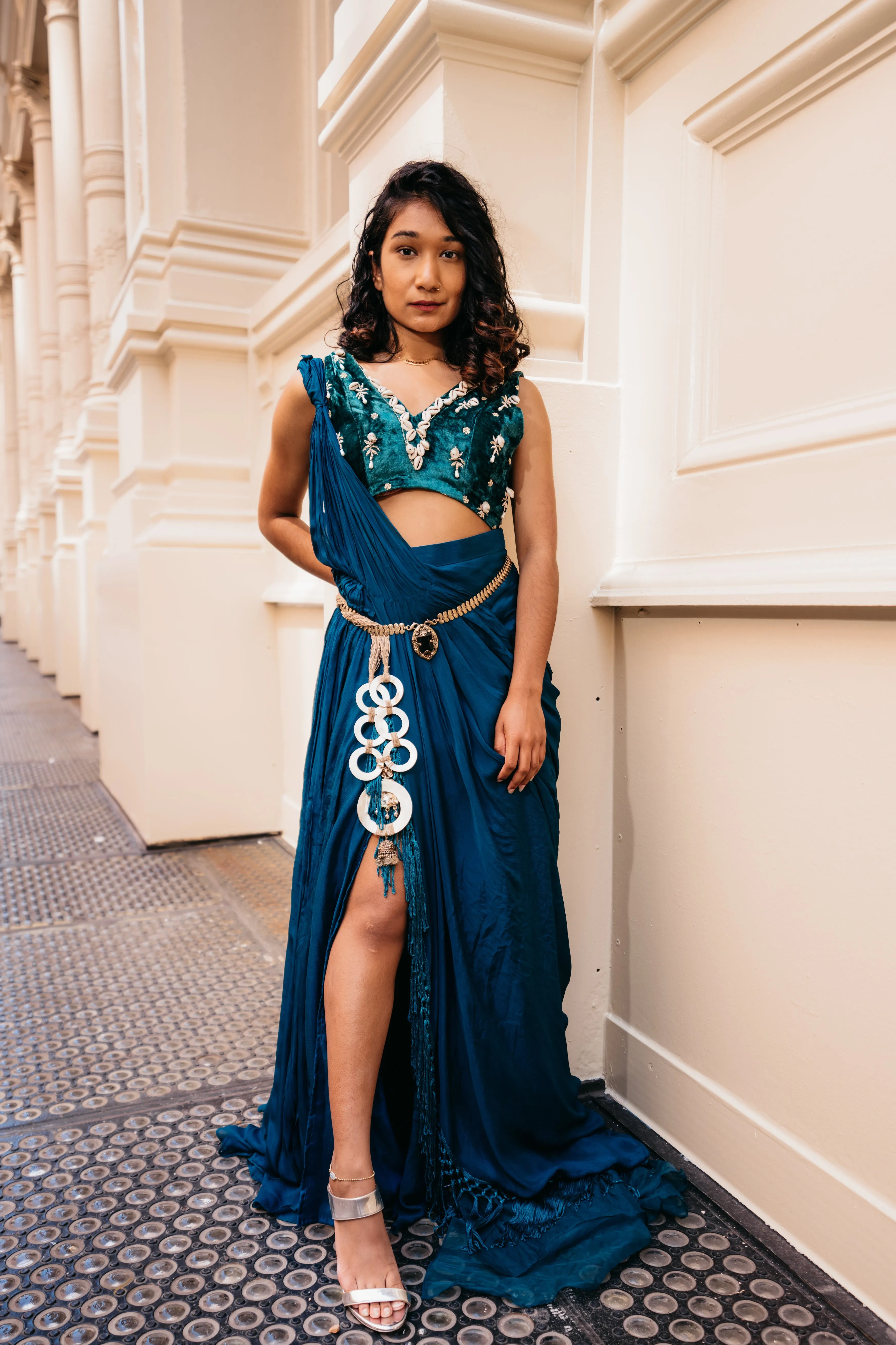 Puka Shell Pre-Draped Sari in Emerald Green & Teal Blue