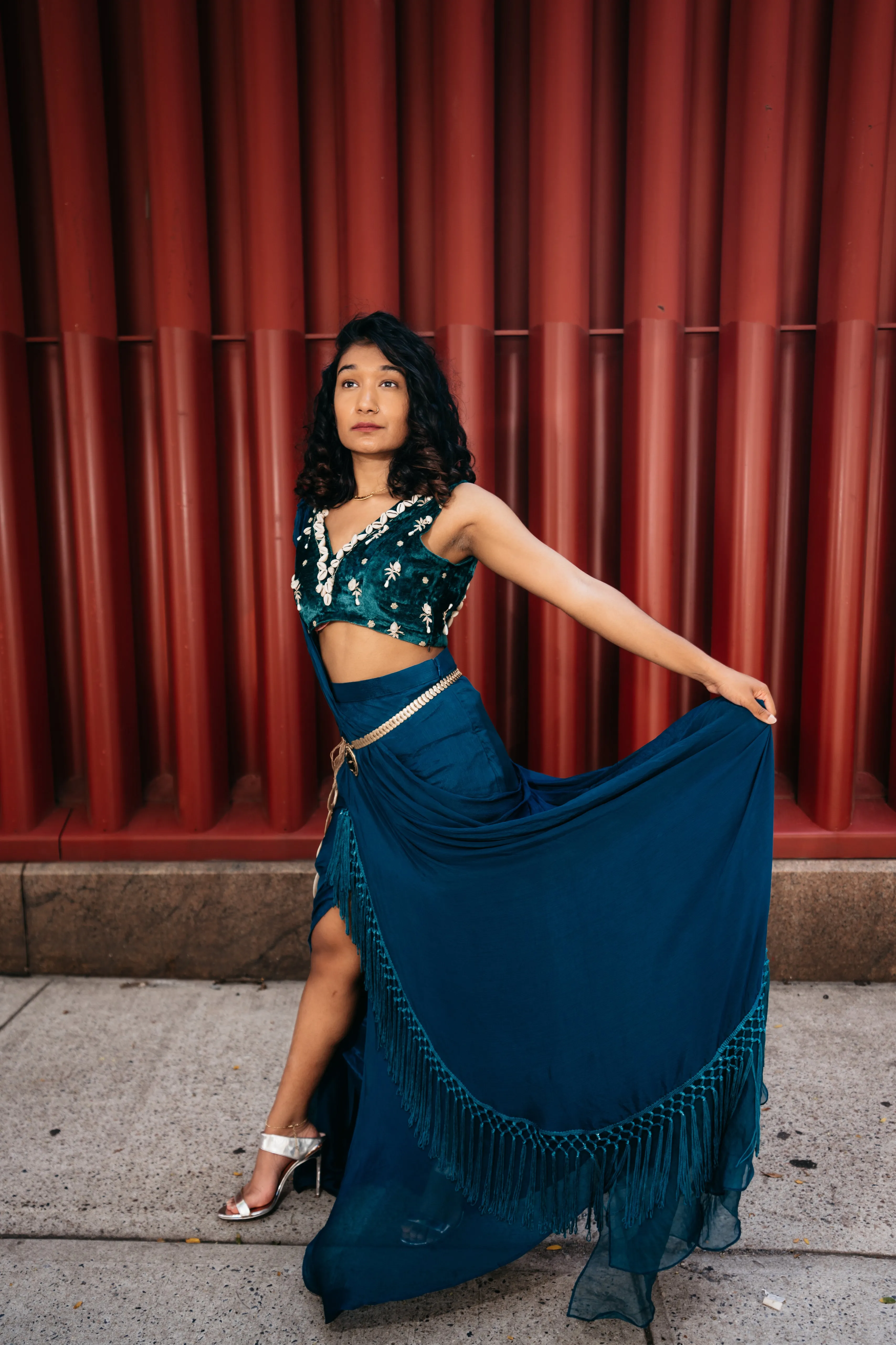 Puka Shell Pre-Draped Sari in Emerald Green & Teal Blue