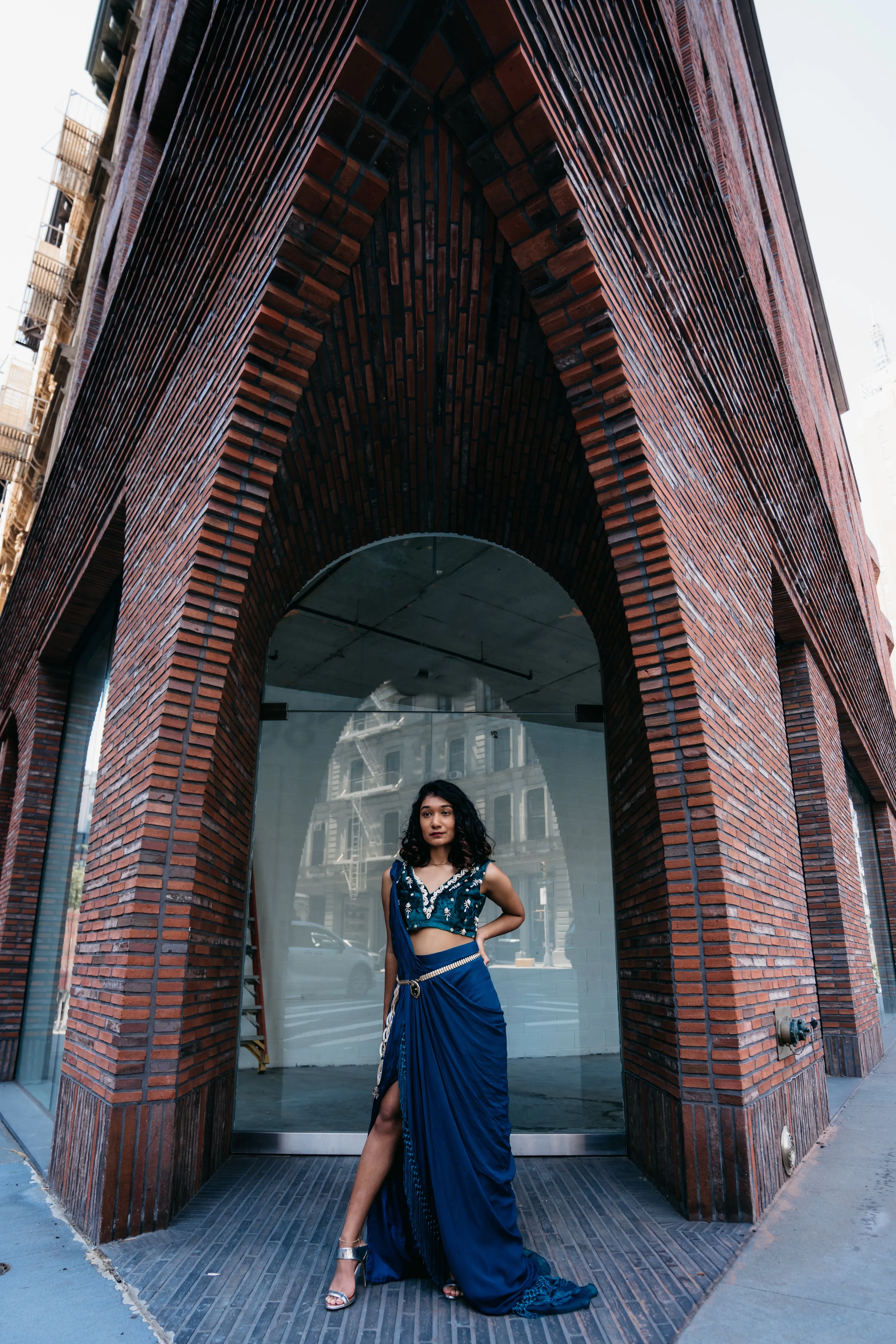 Puka Shell Pre-Draped Sari in Emerald Green & Teal Blue