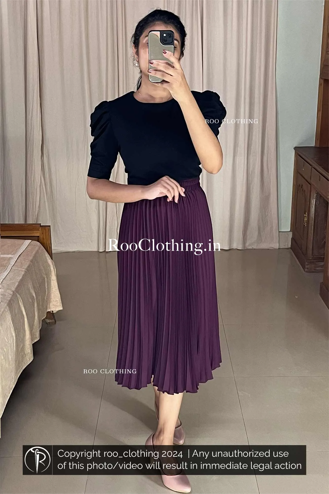 Round Neck Puff Sleeves Top in Black Shade (Top Only)