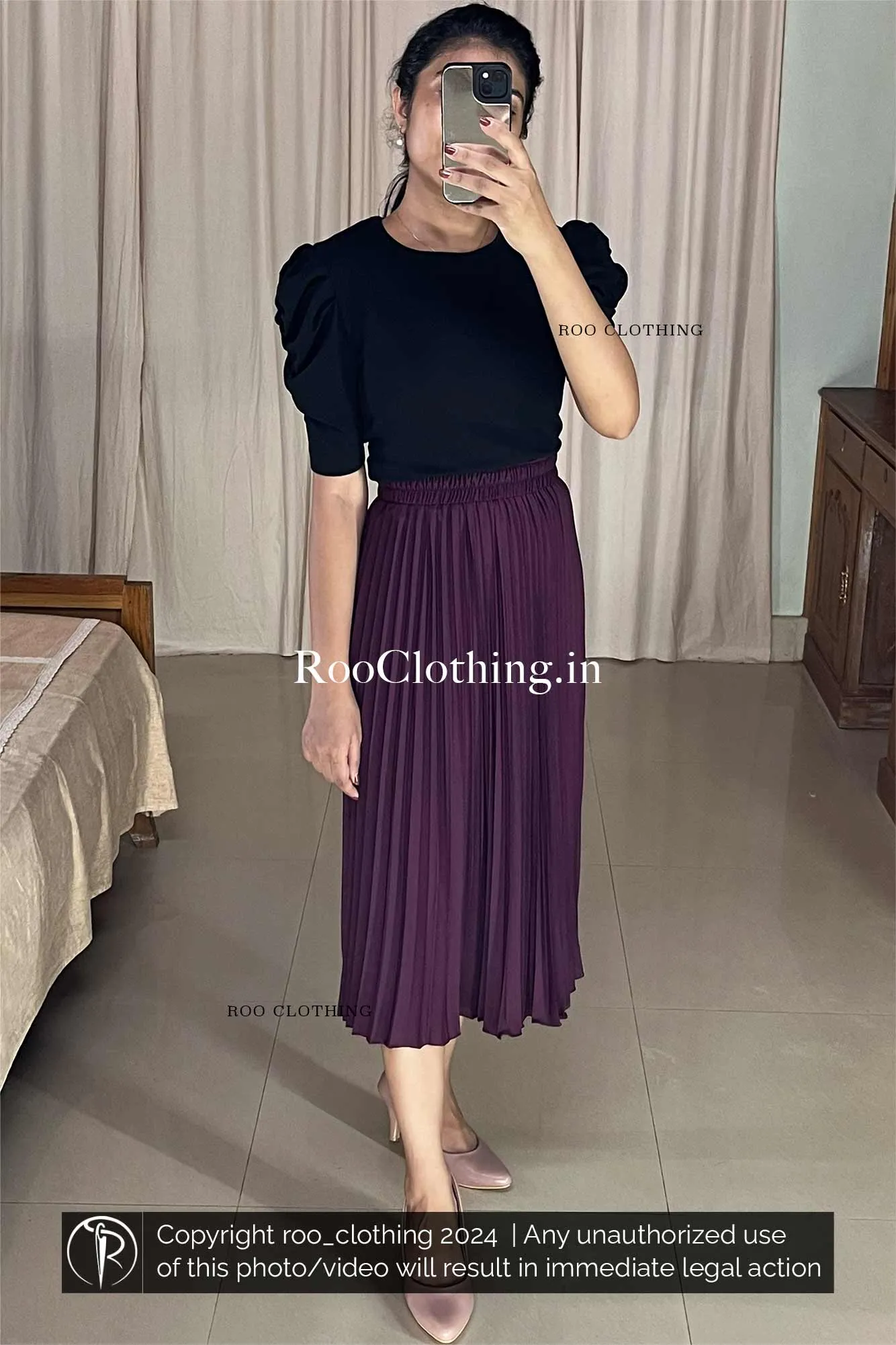 Round Neck Puff Sleeves Top in Black Shade (Top Only)