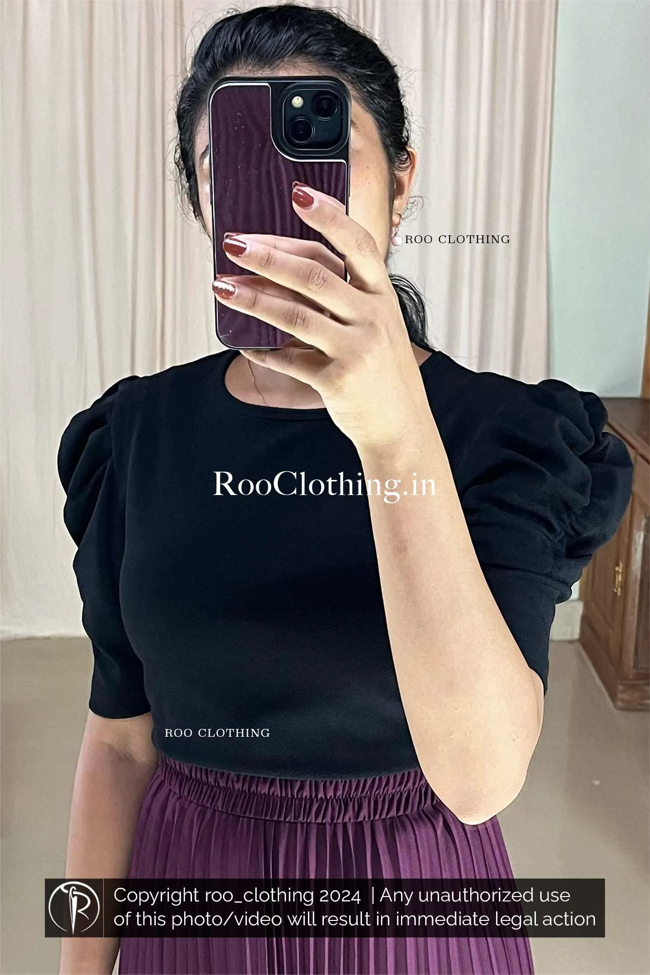 Round Neck Puff Sleeves Top in Black Shade (Top Only)