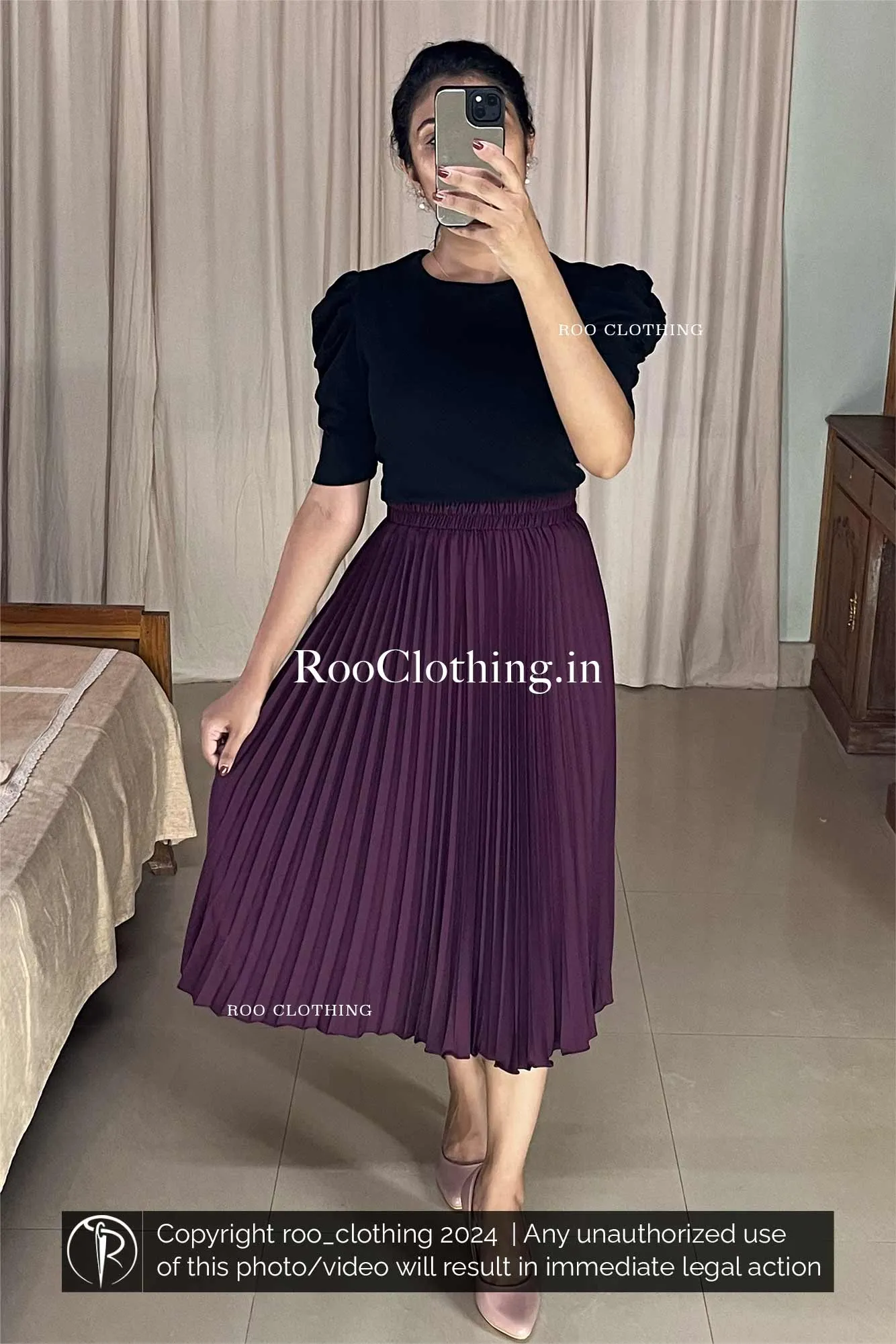 Round Neck Puff Sleeves Top in Black Shade (Top Only)