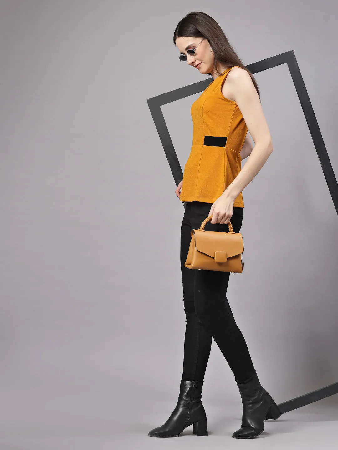 Style Quotient Women Smart Mustard Sleeveless Peplum Top