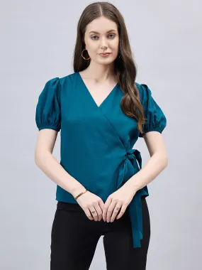 Style Qutotient Women Solid Short Puff Sleeve Wrap Top