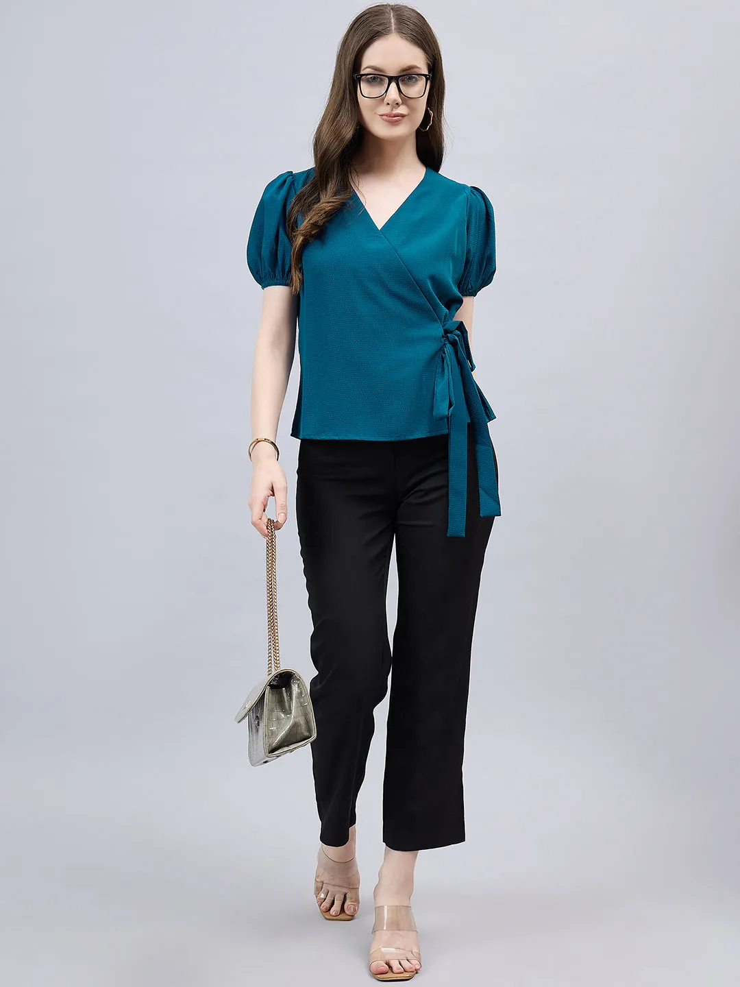 Style Qutotient Women Solid Short Puff Sleeve Wrap Top