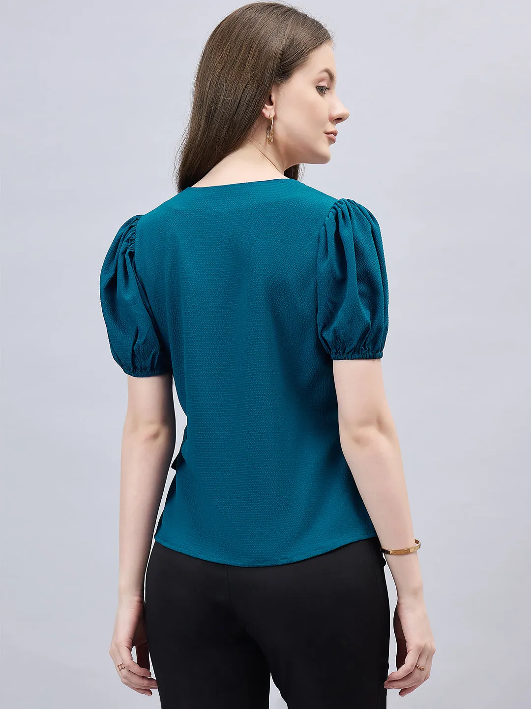 Style Qutotient Women Solid Short Puff Sleeve Wrap Top