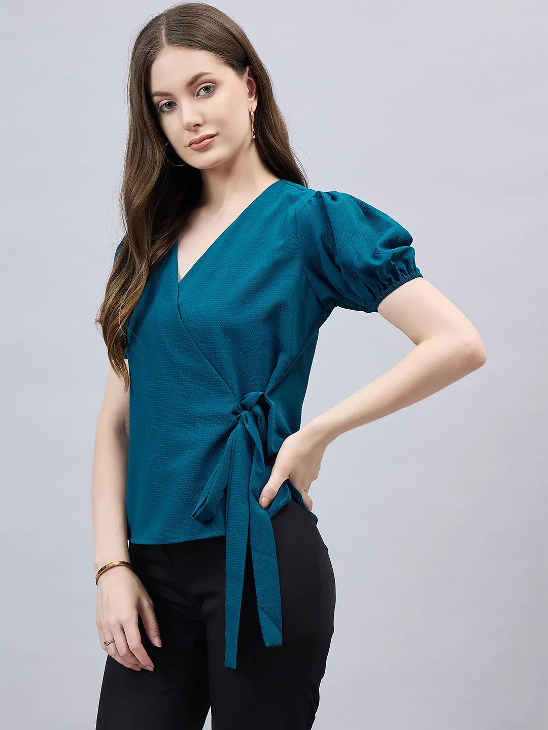 Style Qutotient Women Solid Short Puff Sleeve Wrap Top