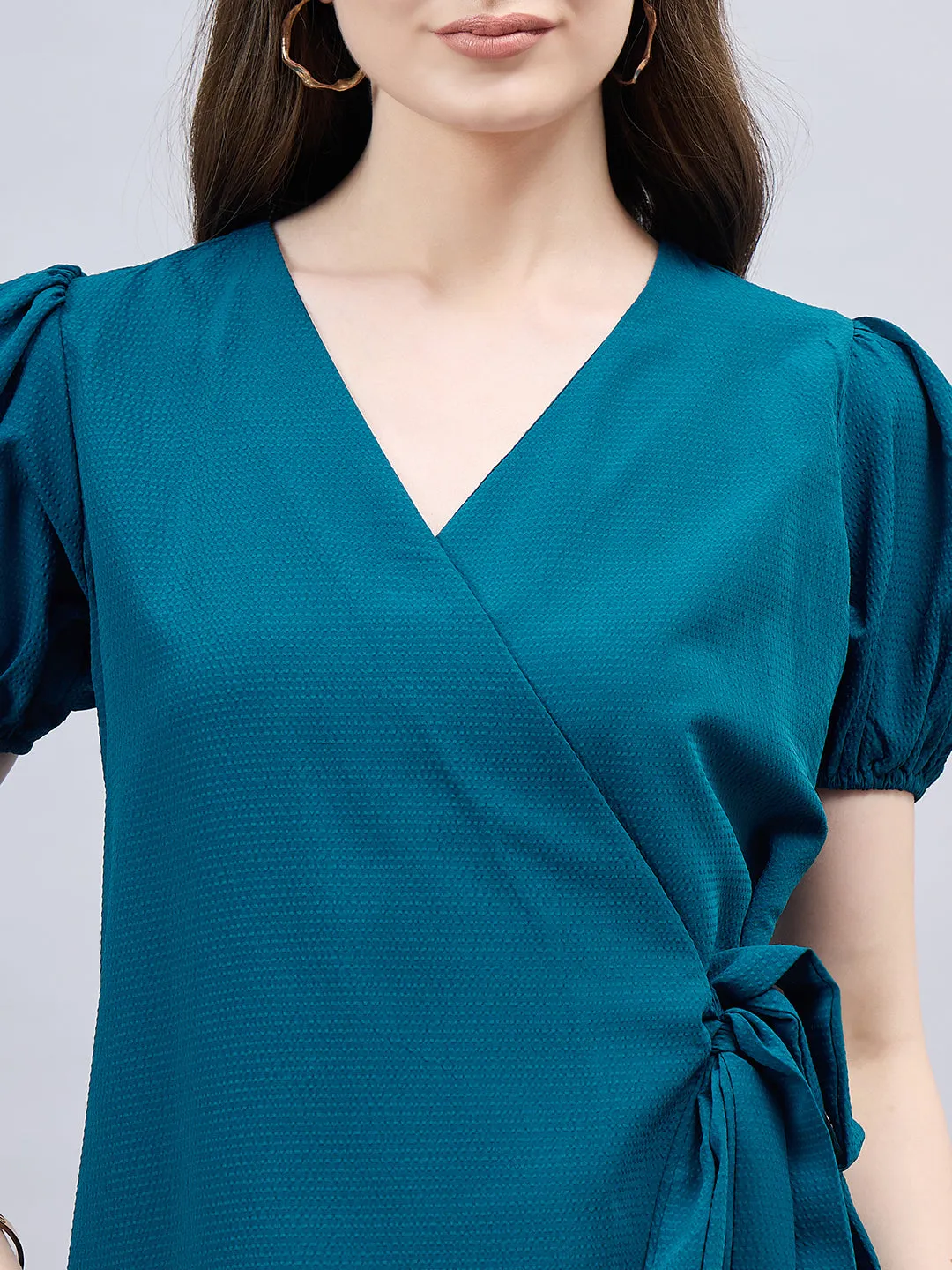 Style Qutotient Women Solid Short Puff Sleeve Wrap Top