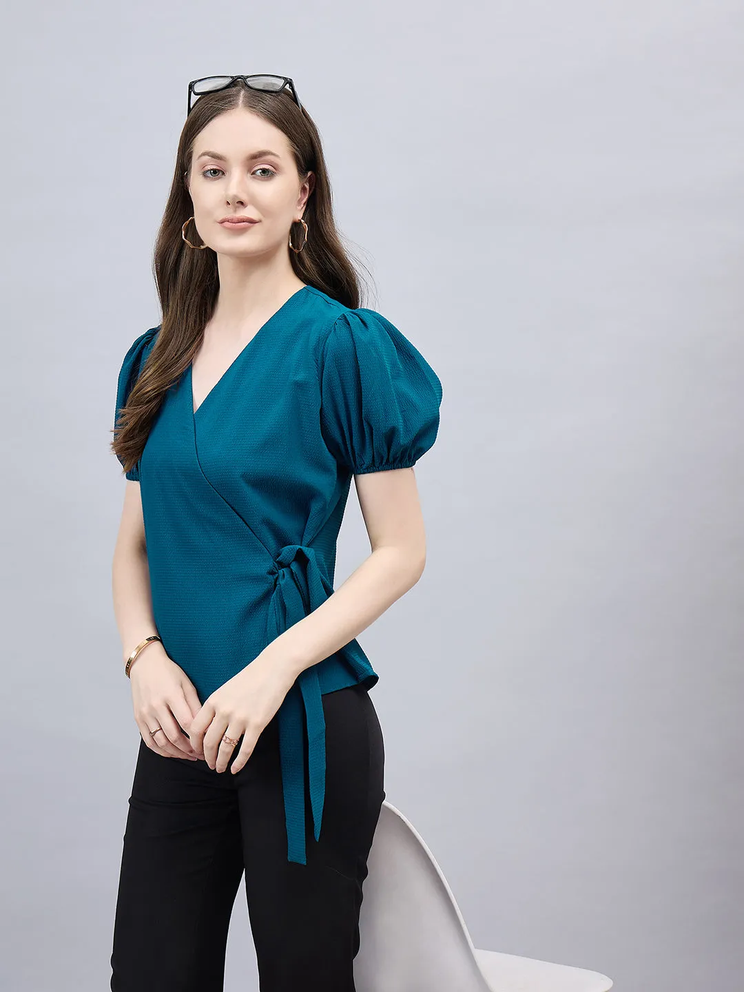 Style Qutotient Women Solid Short Puff Sleeve Wrap Top