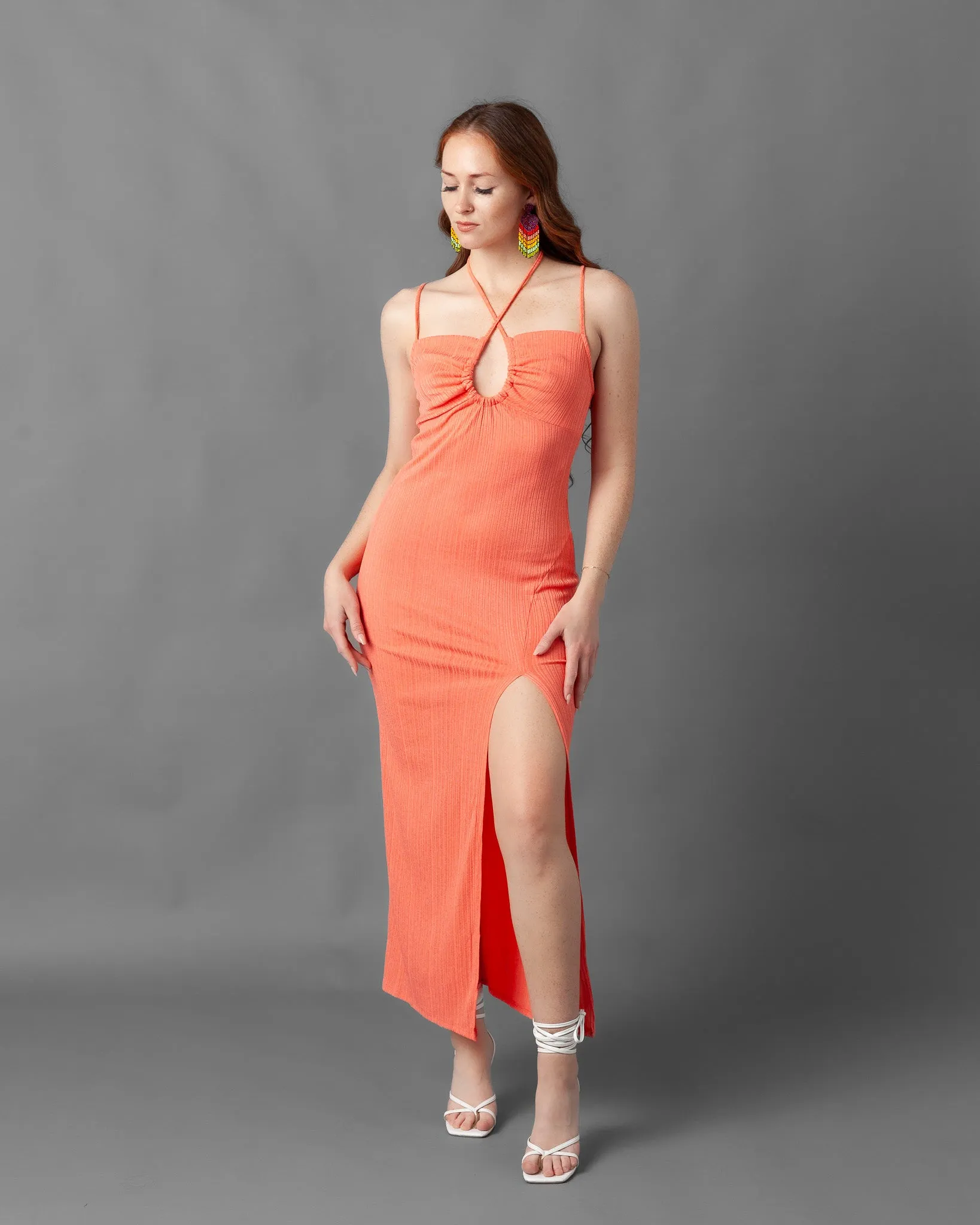 Tabriz Ribbed Halter Neck Maxi Dress