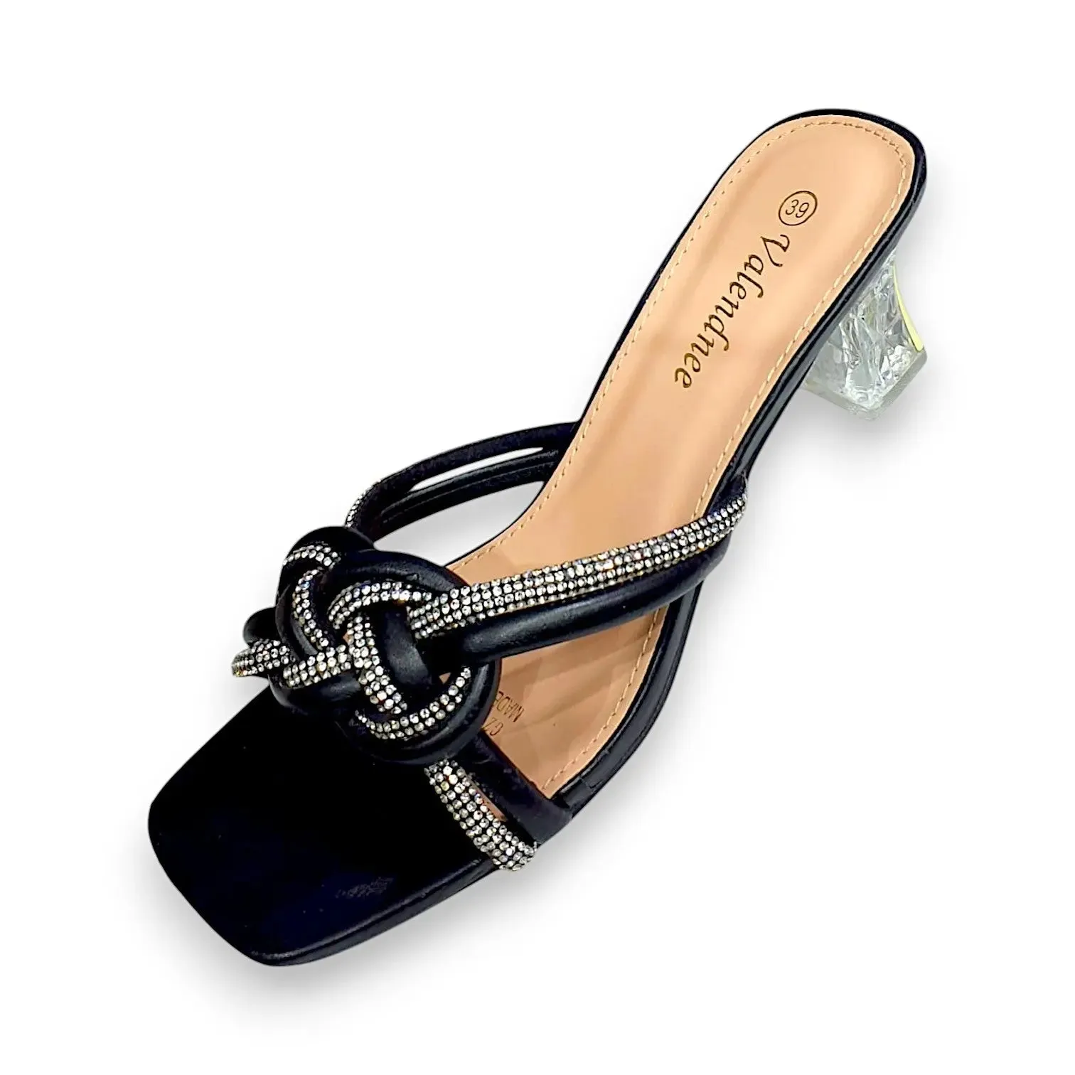 Valendnee Knot Rhinestone Block Heel Sandals