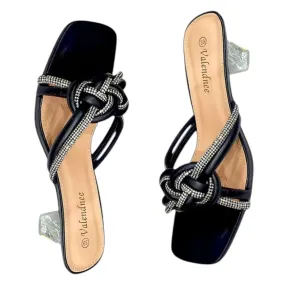 Valendnee Knot Rhinestone Block Heel Sandals