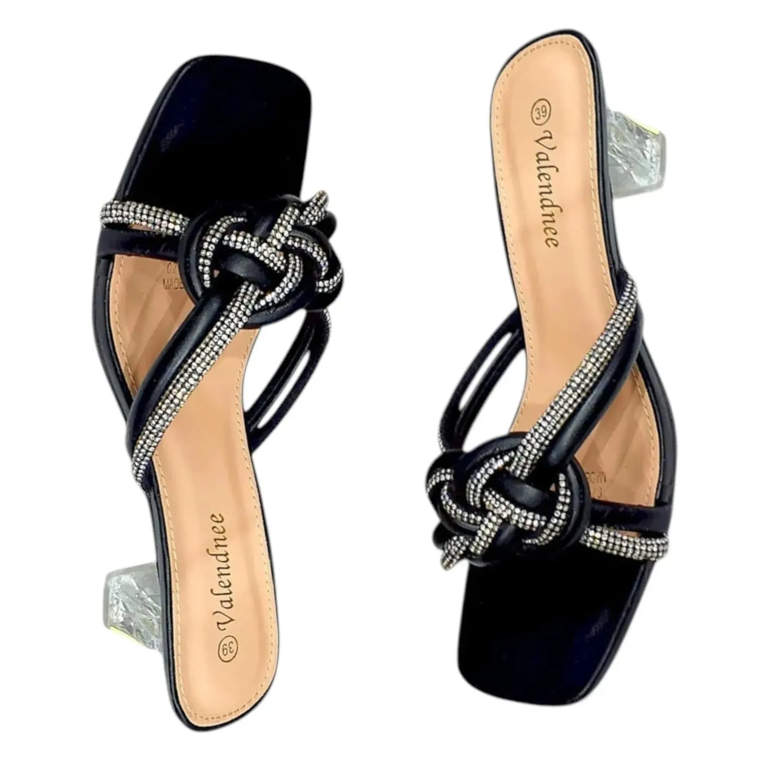 Valendnee Knot Rhinestone Block Heel Sandals
