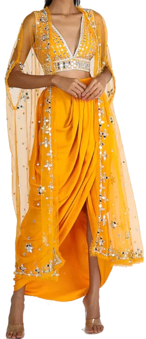 Yellow Mirrored Blouse with Dhoti Skirt & Duster Jacket